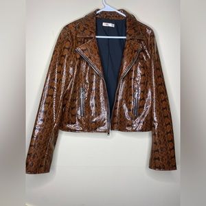 Women’s in tempo snake faux leather biker jacket size M, brown